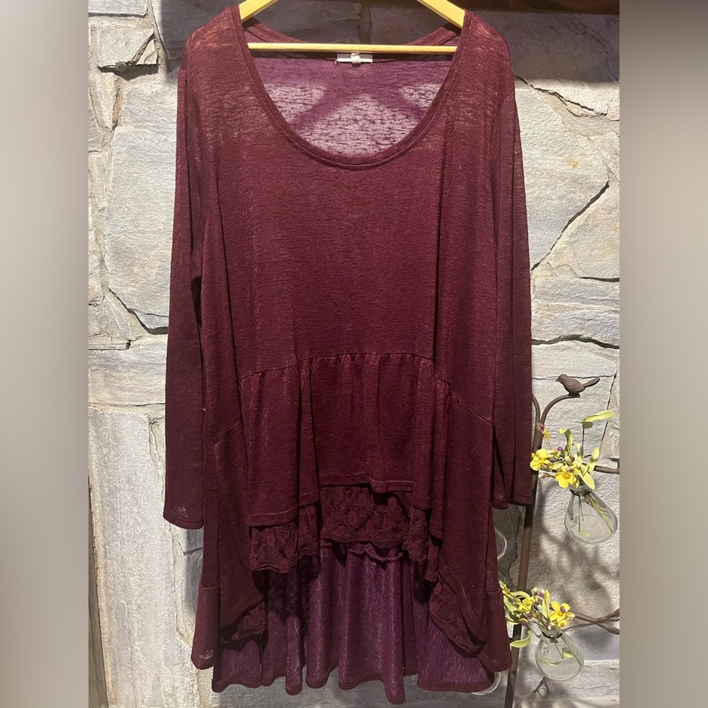 Maurice’s solid burgundy tunic with lace accent hem, 4X